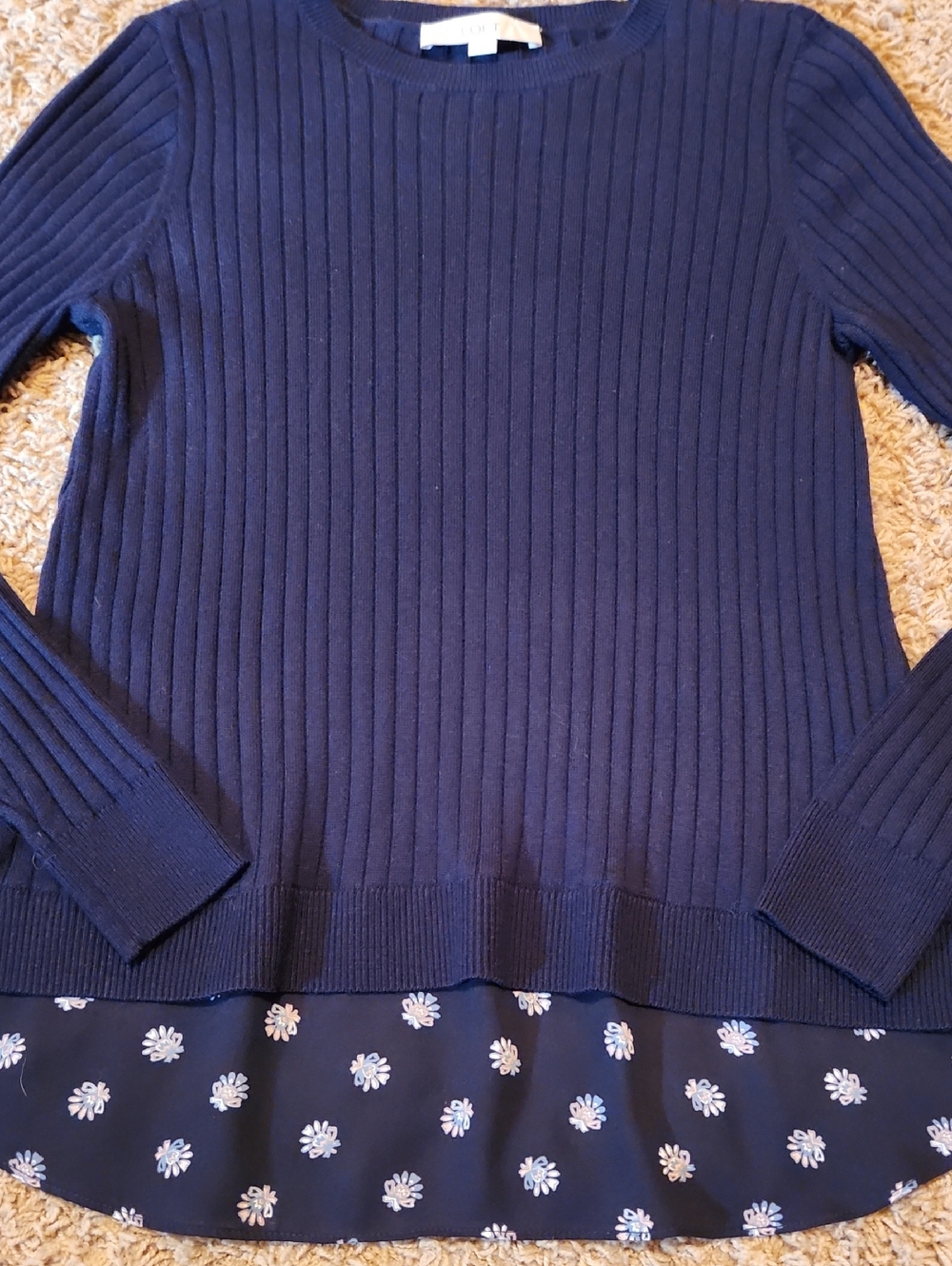 LOFT Navy Ribbed Crew Sweater with Floral Hem Size Medium